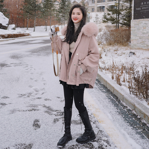 粉色大毛领派克棉服女冬季短款小个子2021新款韩版棉衣外套潮ins