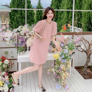 粉色圆领流苏连衣裙女夏季2024新款小个子韩系甜美高级感气质裙子