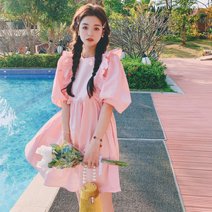 粉色泡泡袖连衣裙女夏季2024新款韩系元气少女法式甜美小个子裙子