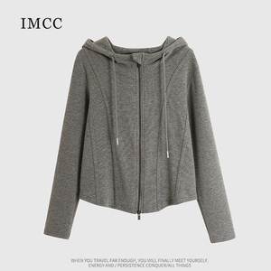 IMCC设计感小众洋气修身绵羊绒连帽拉链开衫女短款卫衣外套上衣