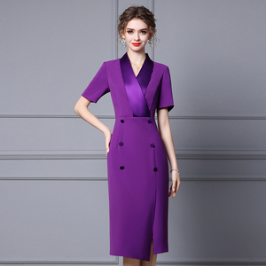 枝荔紫色连衣裙2024夏季新款纯色优雅气质V领短袖前开叉包臀裙子