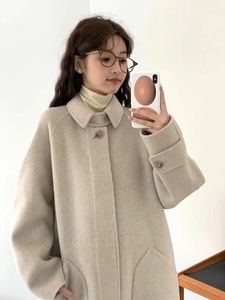 韩国正品egg羊毛长款大衣24年初春新款复古双面手缝翻领廓形外套