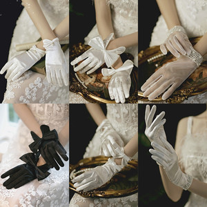 新娘手套珍珠白色结婚礼缎面网红拍照森系婚纱摄影短款蕾丝蝴蝶结
