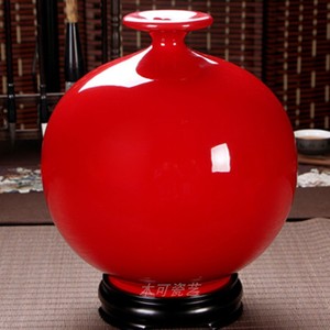 德化富贵红陶瓷摆件花瓶中国红天地方圆纯红瓶牡丹花瓶家居包邮