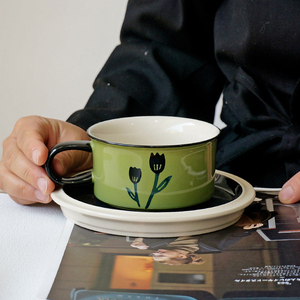 ins 小众复古中古手绘绿色郁金香咖啡杯碟套装高级感创意下午茶杯