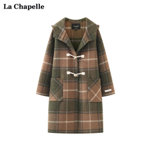 拉夏贝尔/La Chapelle复古减龄格子连帽双口袋牛角扣中长款呢大衣