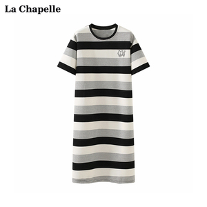 拉夏贝尔/La Chapelle刺绣小老虎条纹T恤裙女圆领短袖纯棉直筒裙