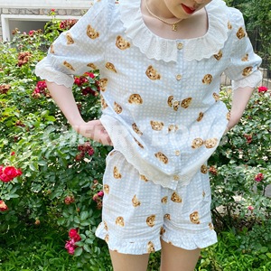 韩国ins夏季可爱格纹小熊睡衣女梭织纯棉花边少女短袖居家服套装