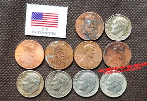 10枚2种美国硬币钱币10美分1美分钱币美圆纪念币美国钱币T72Z