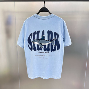 2024夏季新款潮牌鲨鱼刺绣短袖T恤男士纯棉时尚休闲蓝色针织T恤男