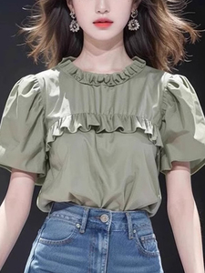 奥特莱斯专柜品牌清仓上衣夏季新款女款淡绿色花边领褶皱短袖衬衫