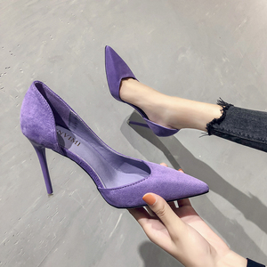 欧洲名媛高跟鞋女单鞋2022新款百搭法式少女细跟中空尖头性感紫色