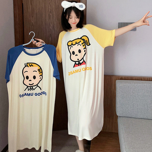 日系卡通短袖睡裙女夏季莫代尔中长款圆领睡衣可爱甜美薄款家居服