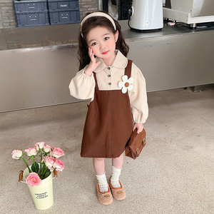 女童春装裙子2024新款韩版洋气女宝宝背带公主裙儿童假两件连衣裙