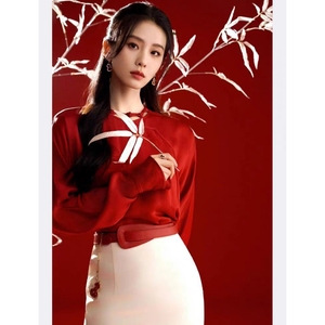 刘诗诗同款新中式国风高级感红色衬衫减龄半身裙时尚套装春秋新款