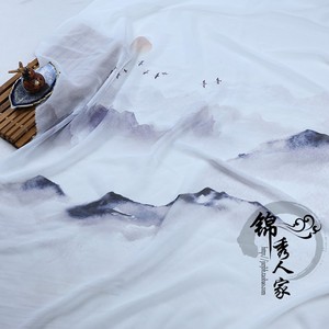 山水墨画印花雪纺布料中国风古装汉服裙纱雪纺裙装饰丝绸服装面料