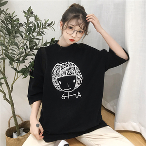 2019春季新款韩版女装黑色宽松百搭印花中长款短袖T恤上衣打底衫