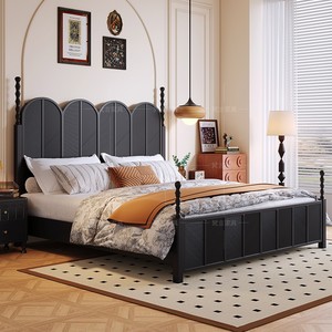 法式复古风雕花罗马柱实木单双人床黑色美式轻奢主卧室婚床高背床
