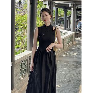 新中式国风无袖连衣裙女黑色斜襟盘扣立领高级感收腰改良旗袍长裙