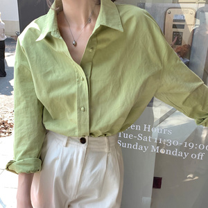 芥末绿衬衫女ins高级感设计小众中长款外套气质polo领抹茶绿衬衣