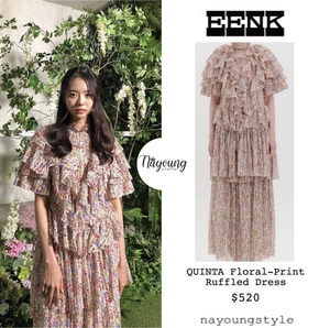 【现货清仓】韩国设计师品牌EENK印花网纱层叠荷叶边连衣裙