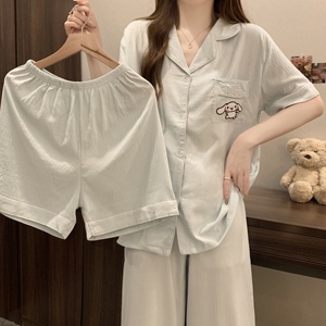 韩版睡衣三件套女士夏季简约可爱短袖长裤2024年新款可外穿家居服