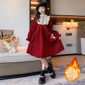 女大童复古裙子网红洋气韩版女孩时髦加绒连衣裙秋冬时尚金丝绒裙