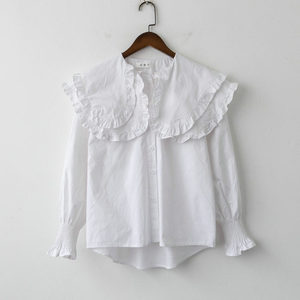 白色衬衫女设计感小众衬衣2021春季新款大翻领荷叶边公主风上衣潮