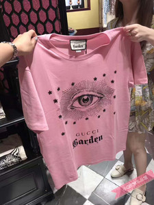 Gucci古奇 2018新款圆领粉色眼睛短袖休闲T恤男女同款宽松打底衫
