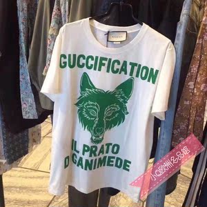 Gucci古奇2018新款豹头T恤字母狼头印花休闲短袖宽松纯棉打底衫