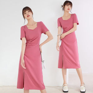 高端小个子礼服2024夏季新款粉色方领气质时尚开叉中长款连衣裙子