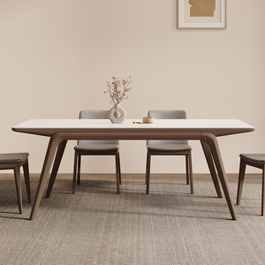 实木进口亮光白色岩板餐桌现代简约白蜡木胡桃色长方形饭桌子原木