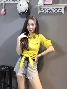 春秋系带衬衣女长袖短装女装上衣个性潮韩版纯色个性修身减龄衬衫