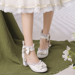 正品原创【安琪雅娜】LO洛丽塔鞋大小码蝴蝶结气质珍珠包头凉鞋女