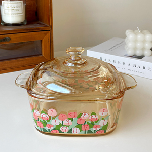 大容量加厚玻璃泡面碗厨房家用带盖创意郁金香双耳方形汤碗沙拉碗