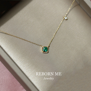 rebornme祖母绿纯9K黄金方糖项链女锁骨链轻奢小众设计感日本珠宝