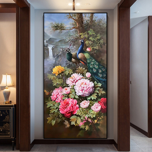 纯手绘花开富贵新中式客厅油画玄关餐厅牡丹花孔雀大芬村装饰挂画