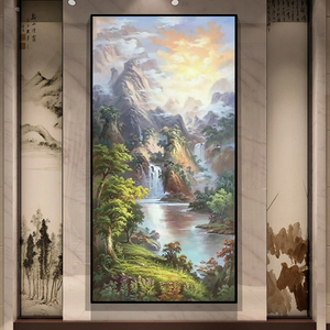 新中式山水风景纯手绘油画客厅餐厅沙发装饰画玄关大芬村竖版挂画