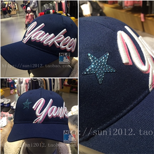 韩国MLB棒球帽儿童春夏蓝色鸭舌帽 ny洋基队水钻遮阳星星字母刺绣