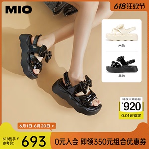 MIO女鞋2024夏季中跟蝴蝶结波浪厚底凉鞋