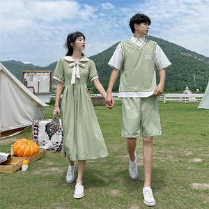 日系情侣装绿色连衣裙小清新夏季ins韩版学院风假两件短袖t恤套装