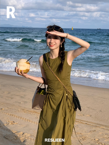 RESLIEEN「tara」浓郁焦茶绿复古法式时髦文艺抽绳小众设计背心裙