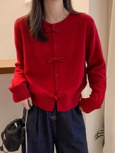 全羊毛衫2024年早春新款红色小开衫新中式蝴蝶结扣圆领薄款毛衣女