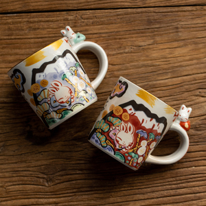 日本进口有田烧手绘富士山可爱兔子杯日式茶杯对杯礼盒咖啡杯水杯