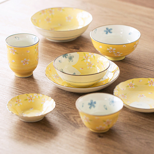 日本制美浓烧黄樱花餐具饭碗菜盘子味碟沙拉盘日式面碗茶杯水杯子