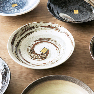 日本进口美浓烧粗陶釉下彩大餐盘复古餐具家用深菜盘沙拉水果盘子