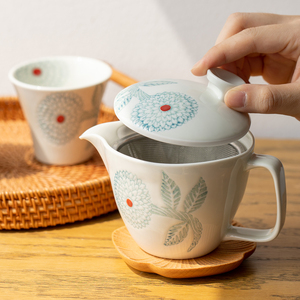 日本进口波佐见手绘大丽花茶具套装日式简约茶杯咖啡杯带滤网茶壶