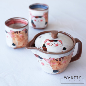 现货 日本制波佐见烧有田烧手绘招财猫三只猫陶瓷茶壶杯日式茶具
