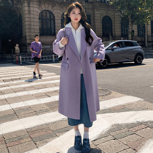 紫色双面羊绒呢大衣女2023秋冬新款韩版宽松中长款赫本风毛呢外