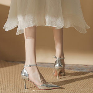香港法式银色高跟鞋女夏尖头细跟气质名媛一字带中空单鞋包根凉鞋
